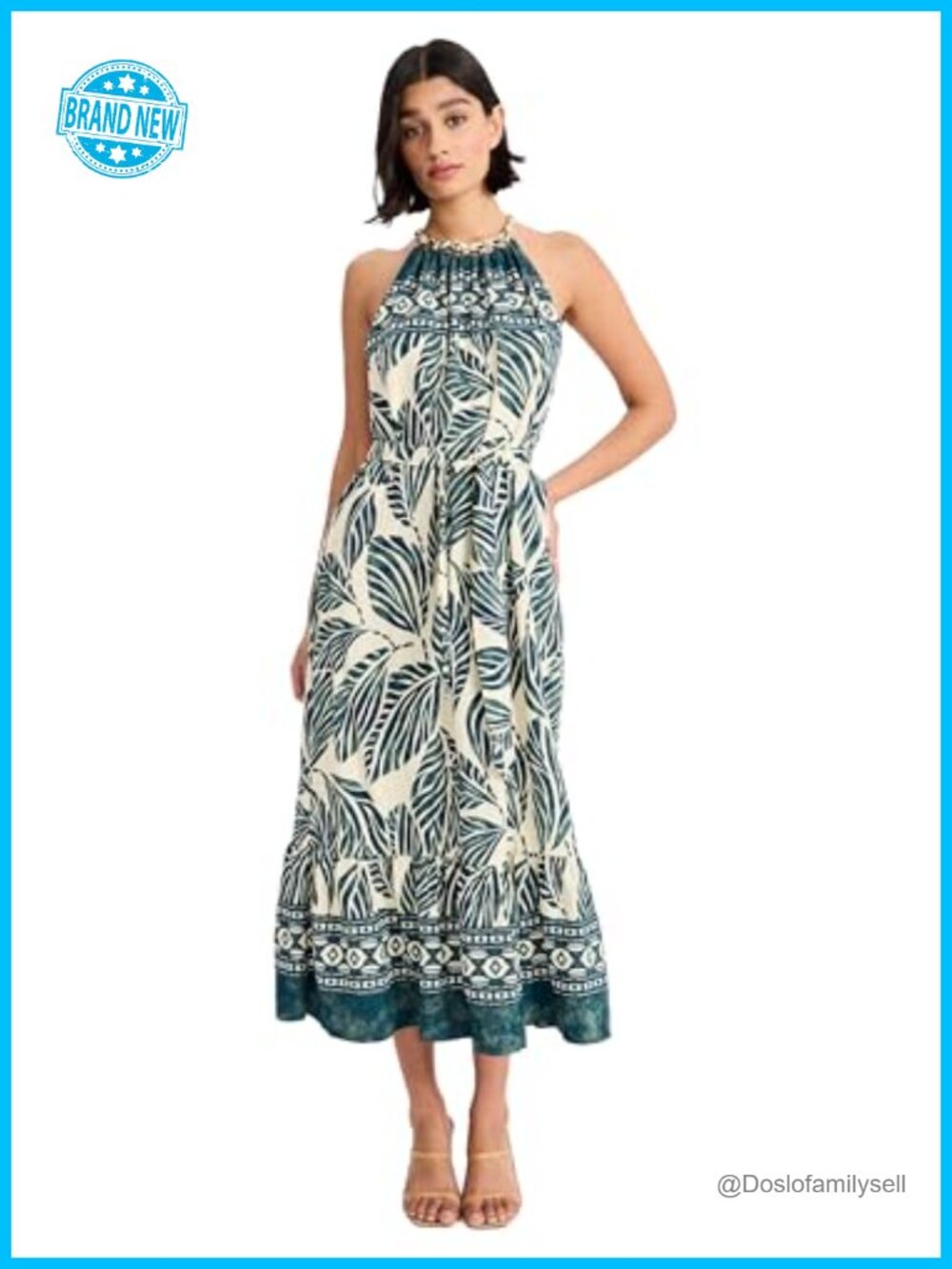 Boho Tropical Leaves High Neck Midi Dress Sleeveless Halter A-Line